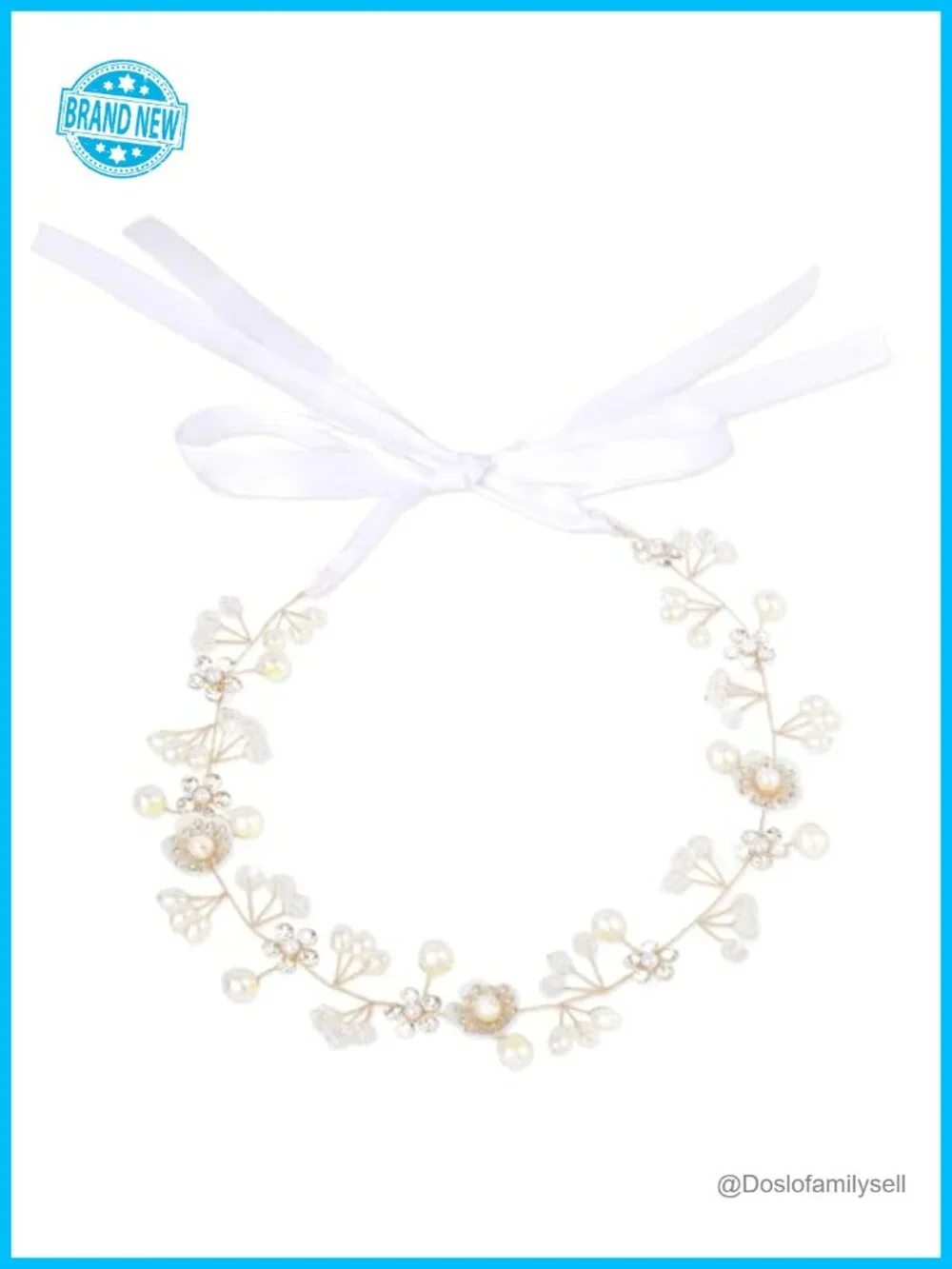 Gold Rhinestone Flower Hair Vine with Pearl, White Satin Ribbon Tie, Boho